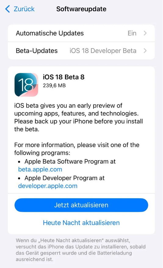 长洲苹果手机维修分享苹果 iOS / iPadOS 18 开发者预览版 Beta 8 发布 